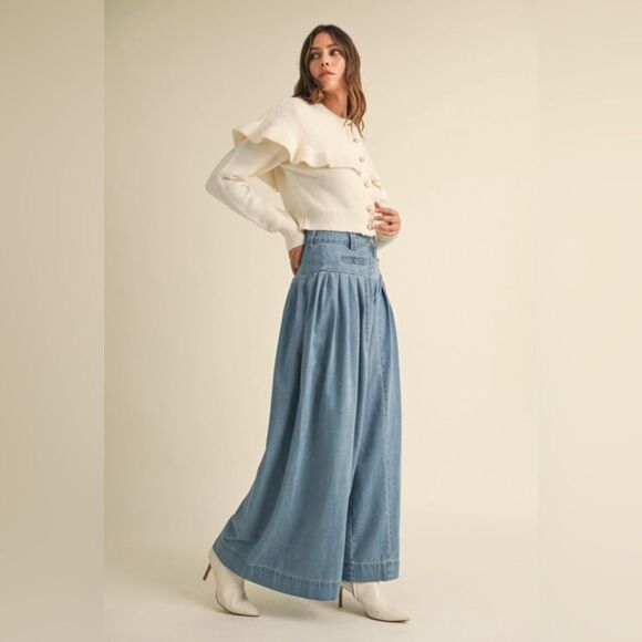903. DENIM PLEATED WIDE LEG PANTS - Picture 2 of 10